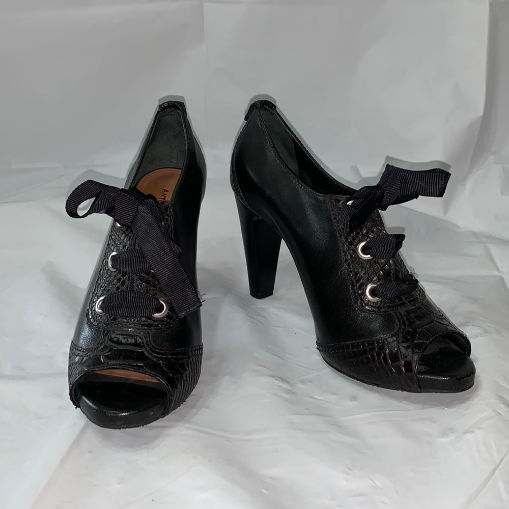 𝅺ANTONIO Melani Black Faux Skin Lace up Heels with Peep Toe Size 7M